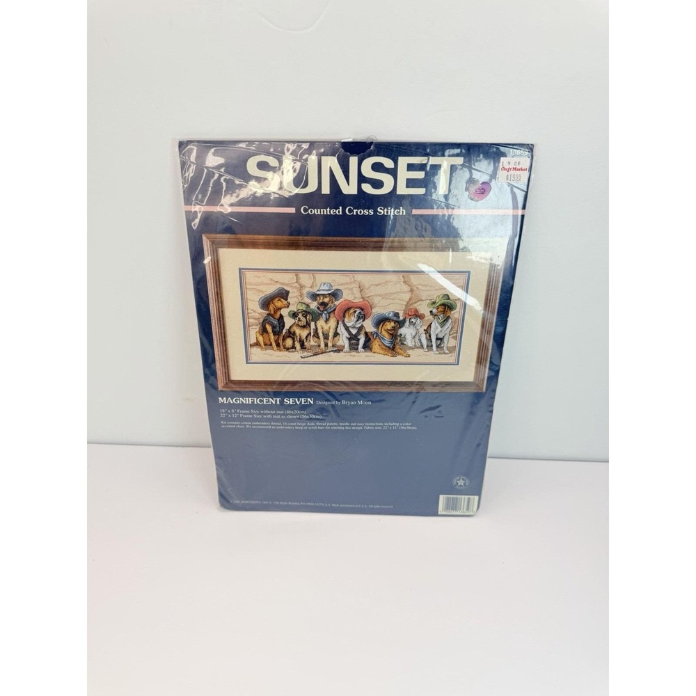 Magnificent Seven Western Dogs Cowboy Hats Crosss Stitch Kit Sunset
